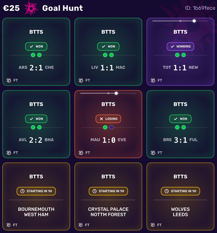 A Goal Hunt card in play, with bets won, winning and losing