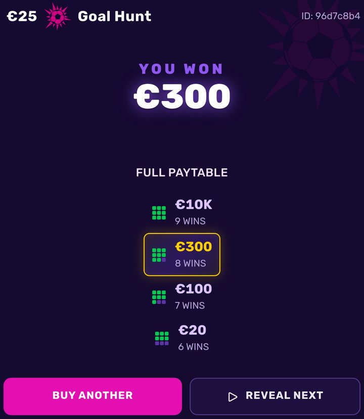 A revealed Goal Hunt card: you won €300 on 8 of 9